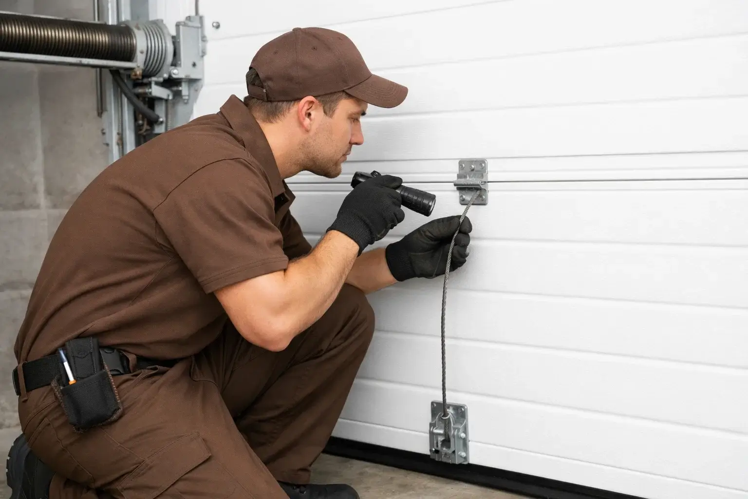 Technician inspecting garage door cable for wear and safety issues