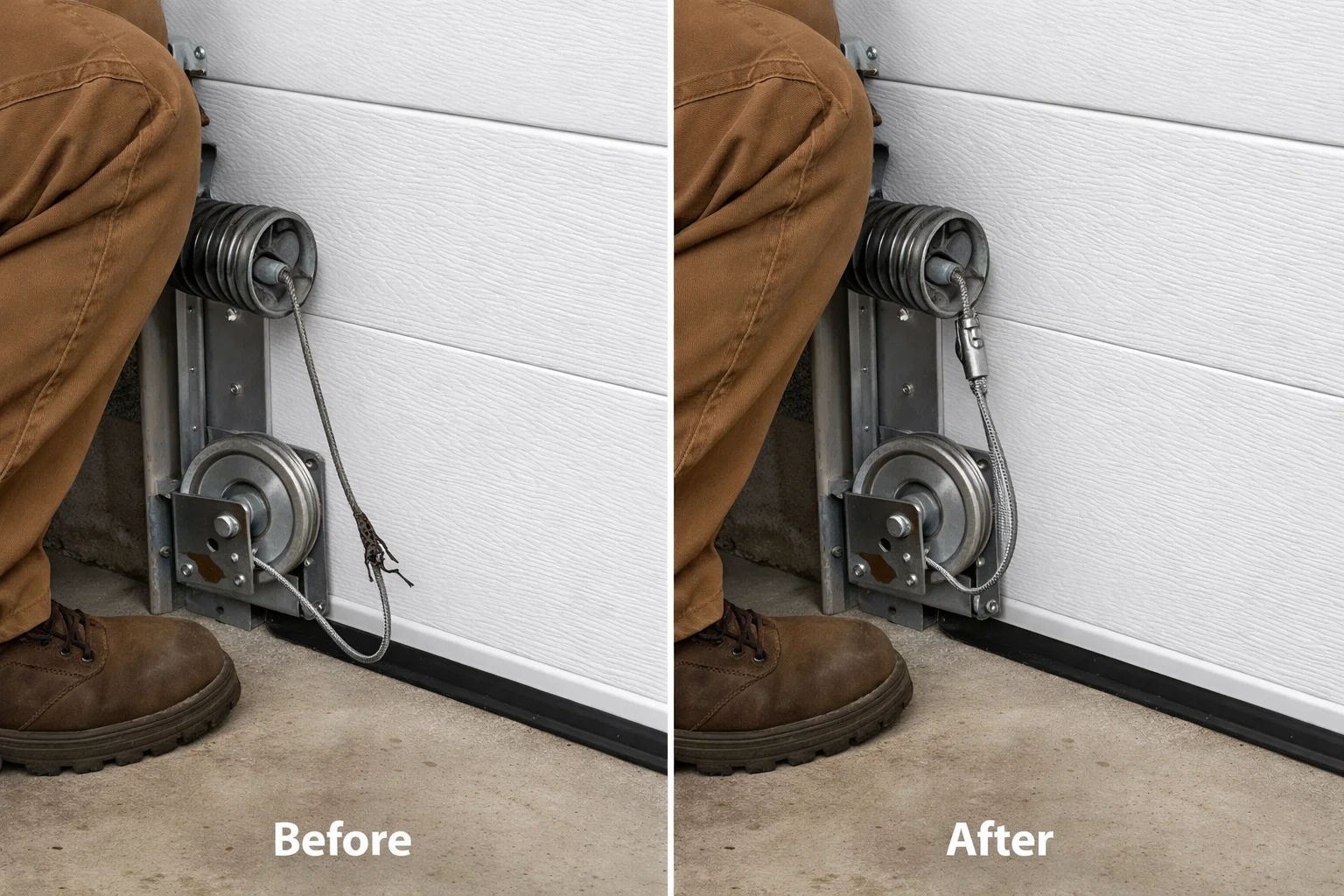 Before and after garage door repair cable showing broken door and fully fixed residential garage