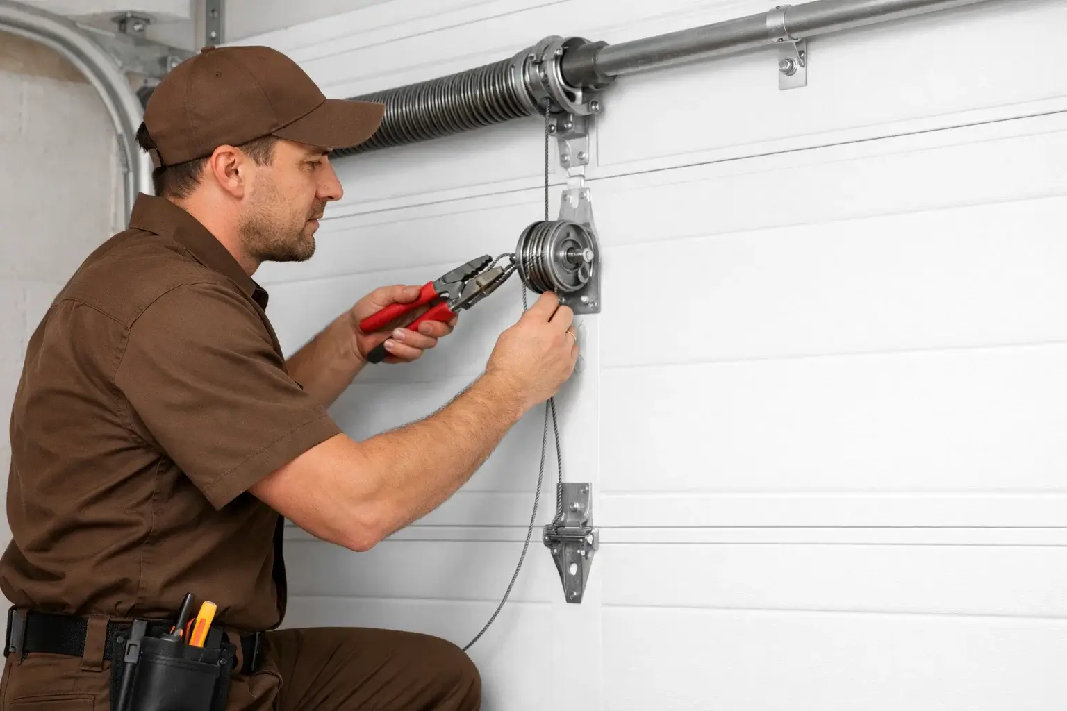Technician repairing garage door cable for smooth and balanced operation