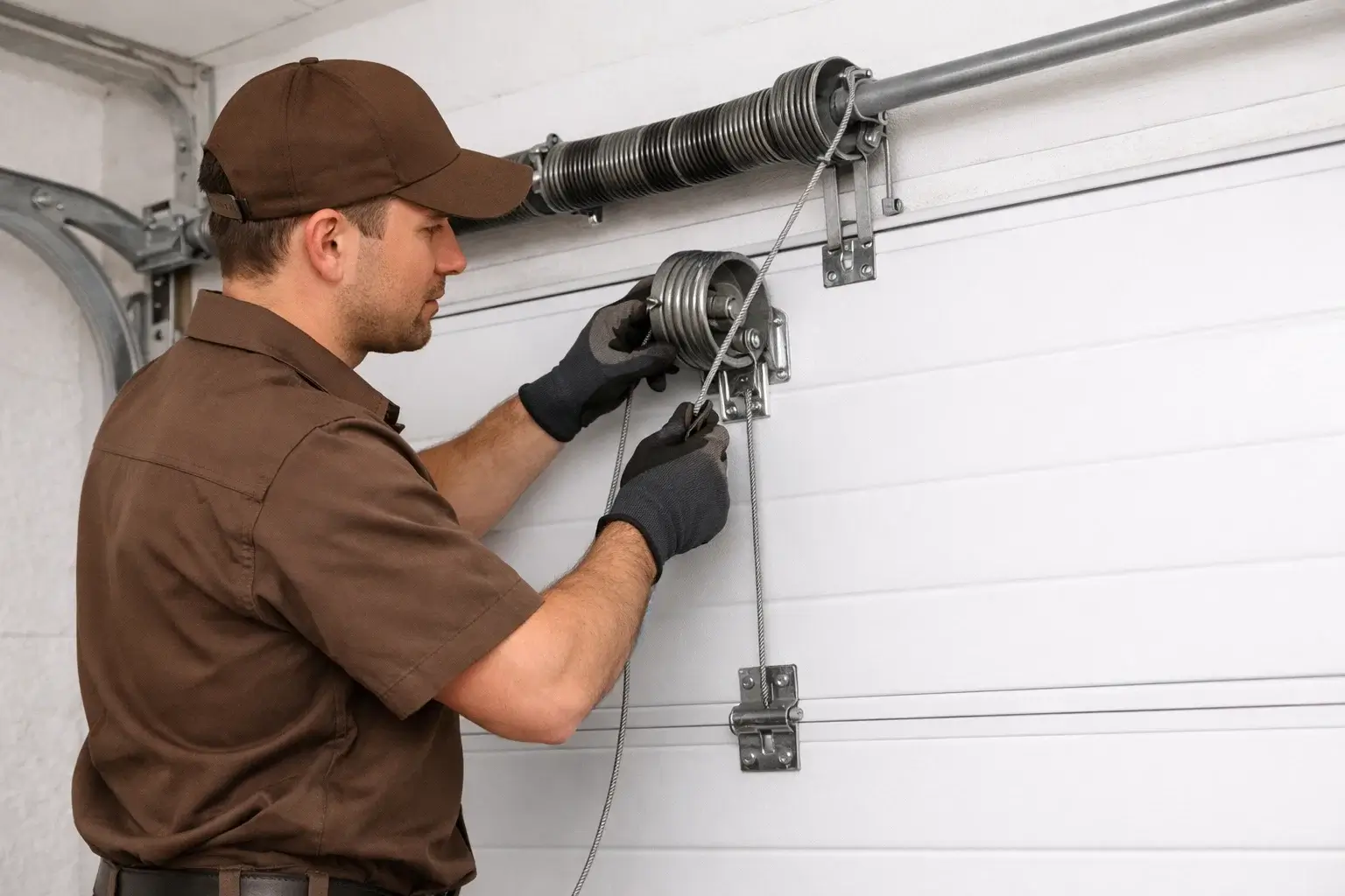 Technician replacing garage door cable for safe and secure operation