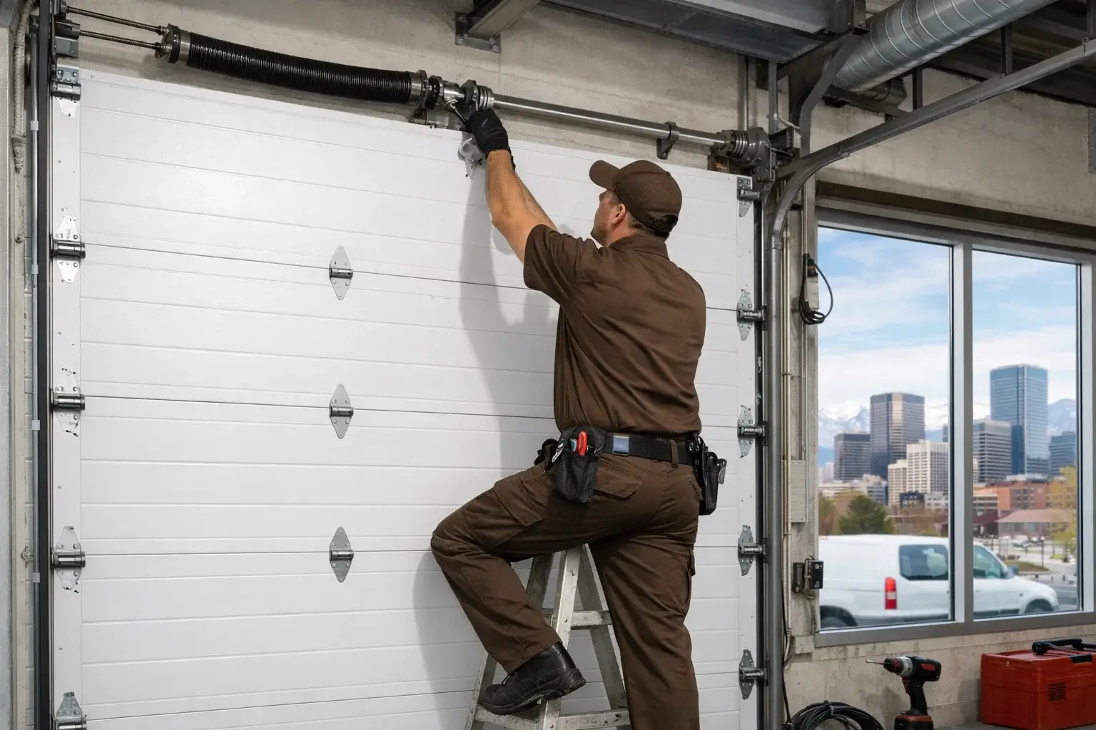 Technician performing commercial garage door maintenance at business facility in Denver CO