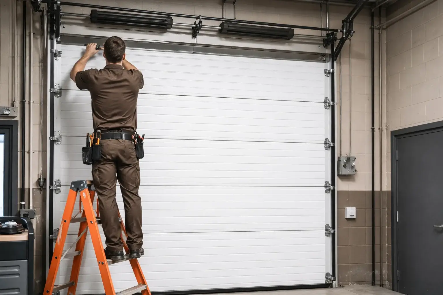 Technician repairing stuck commercial garage door at business facility in Denver CO
