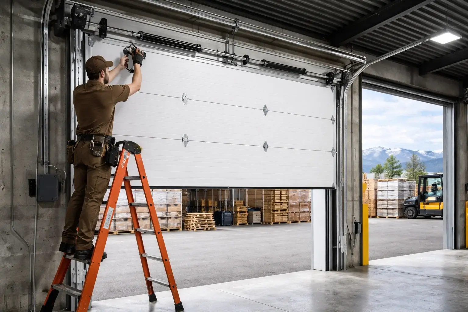Technician installing heavy duty commercial garage door at warehouse in Denver CO