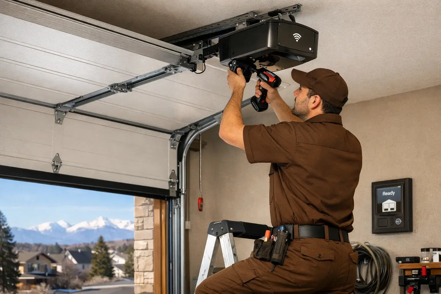 Technician installing modern garage door with smart opener system in Denver home