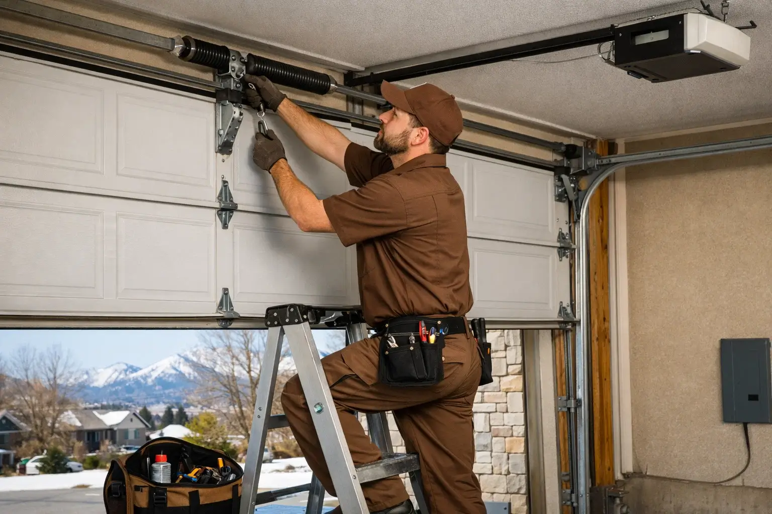 Technician performing preventive maintenance on residential garage door in Denver