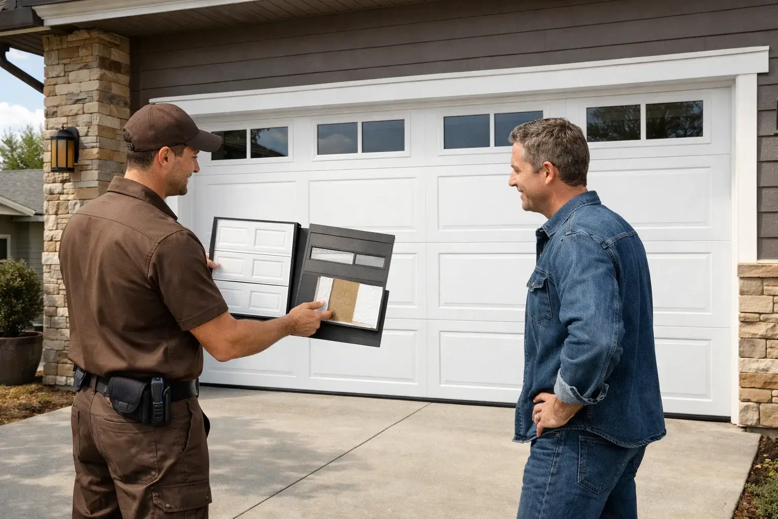 Technician helping homeowner choose custom garage door design in Denver CO