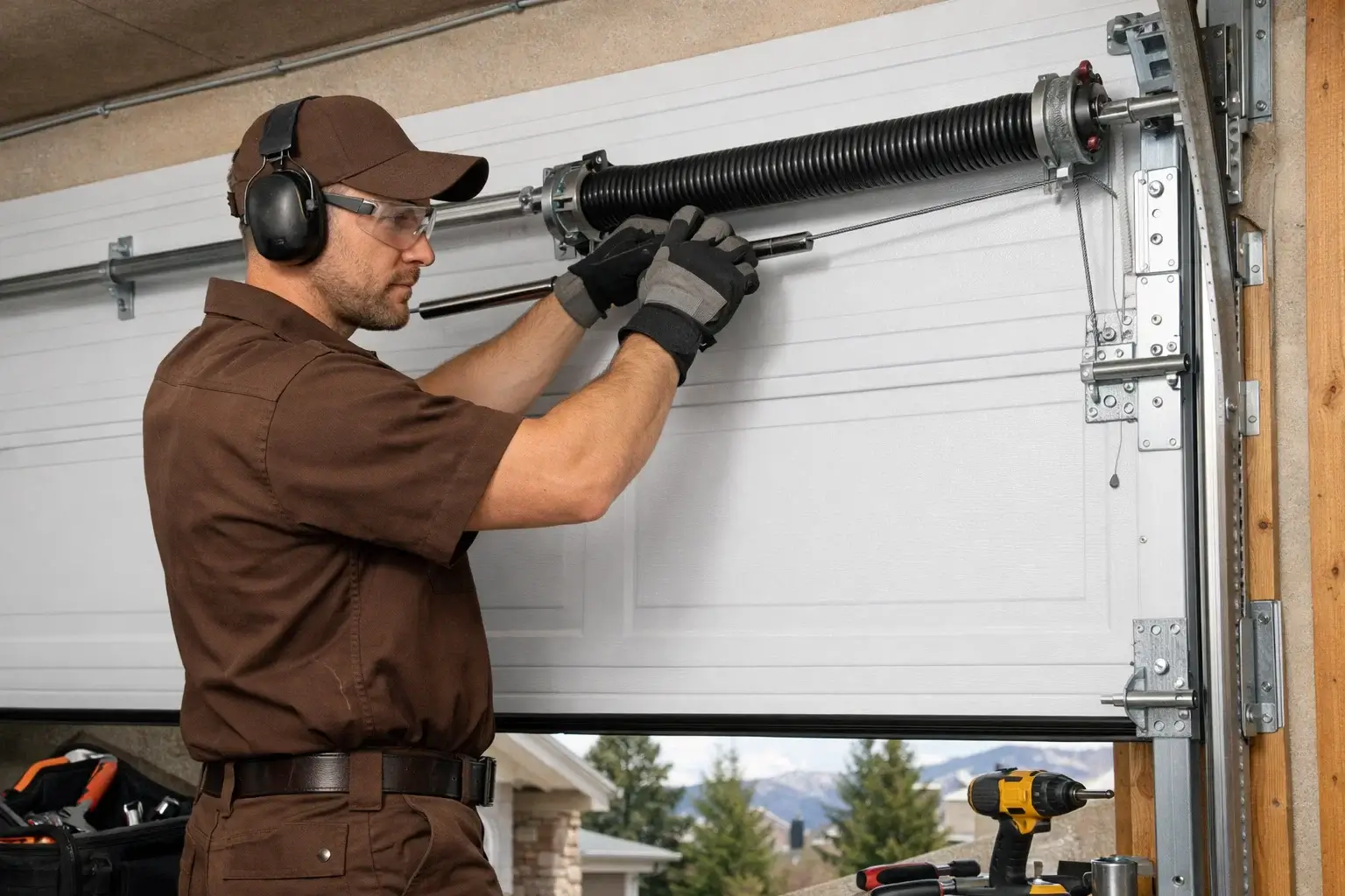 Technician repairing residential and commercial garage doors in Denver CO