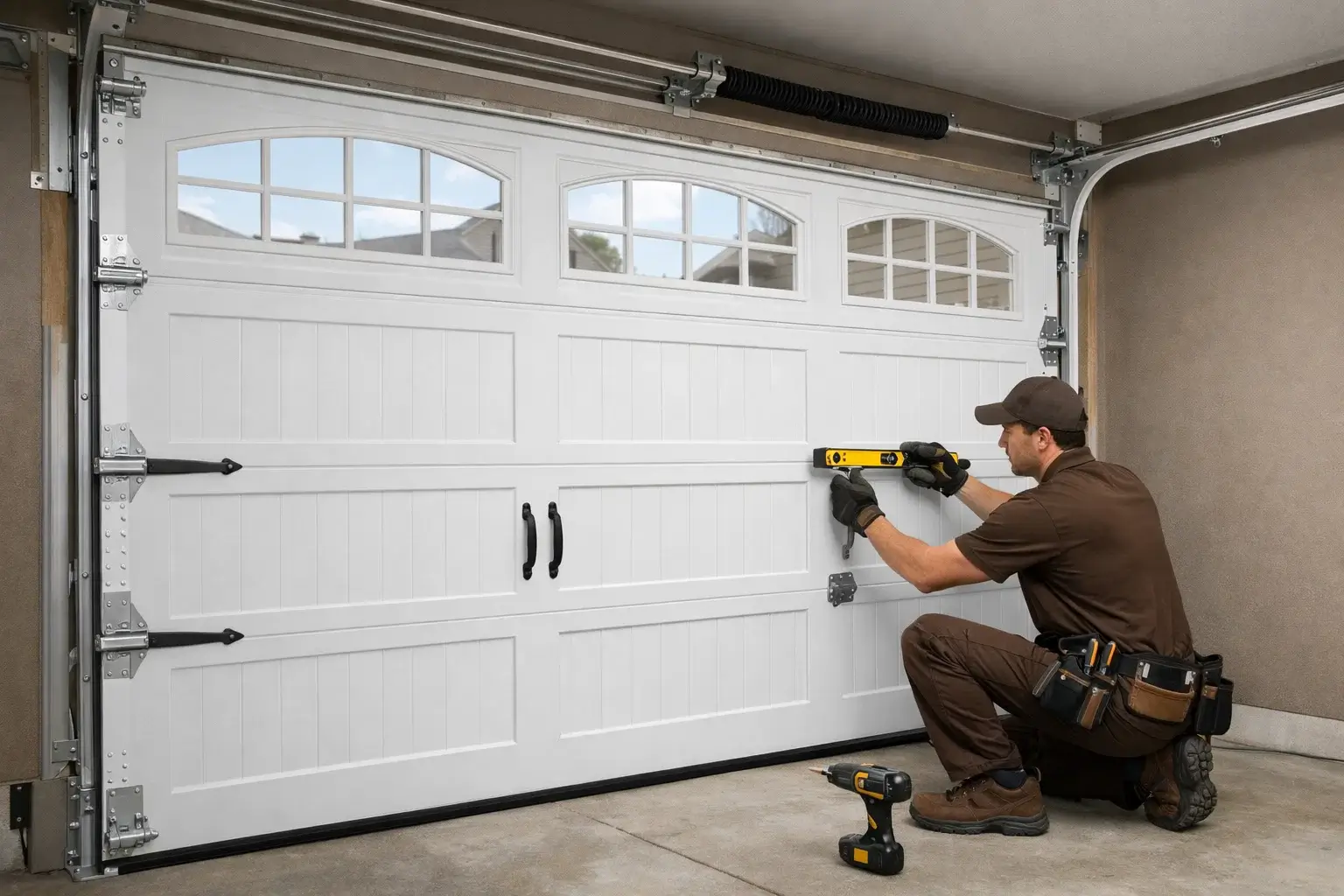 Professional technician installing and aligning new garage door in Denver CO