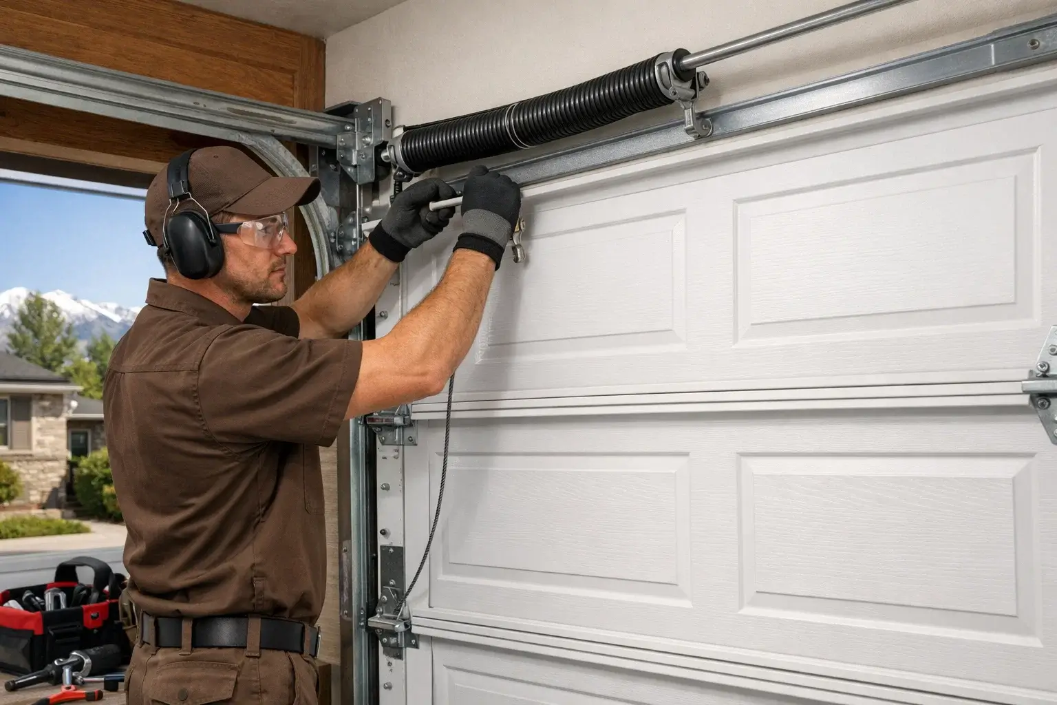 Technician safely repairing high tension garage door springs and cables in Denver CO