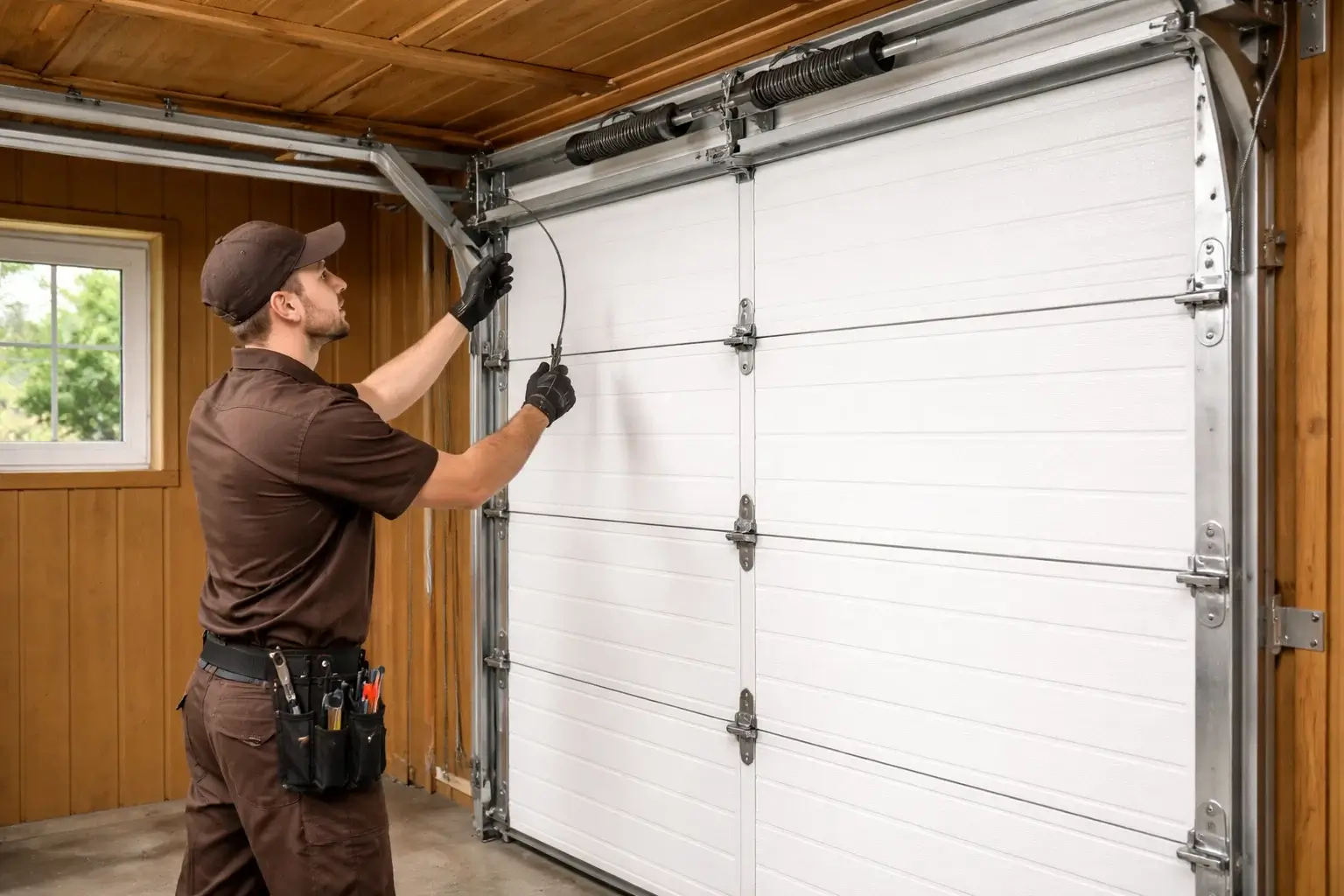 Technician inspecting garage door springs cables rollers and tracks in Denver CO