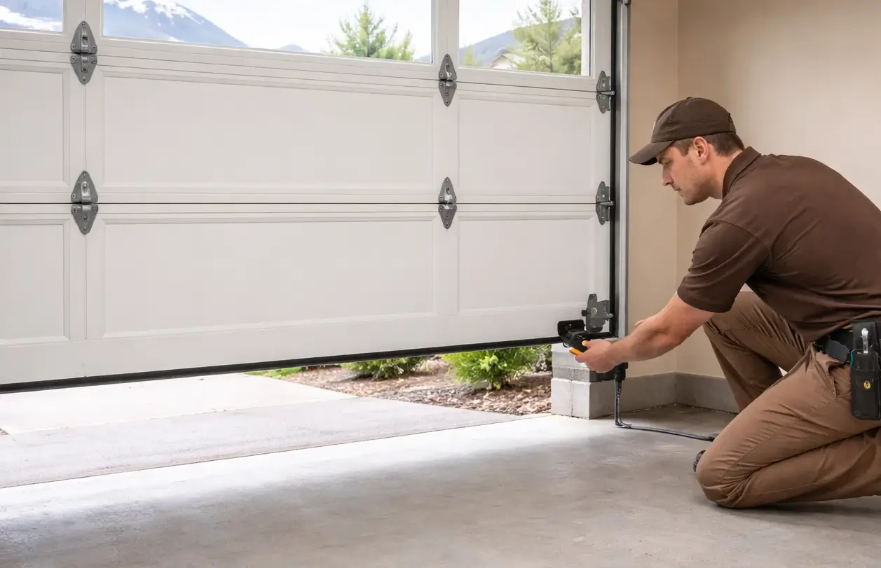 Technician testing garage door safety sensors and alignment in Denver CO