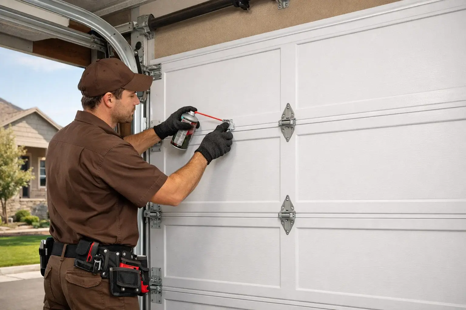 Technician lubricating and tuning residential garage door for smooth operation in Denver CO