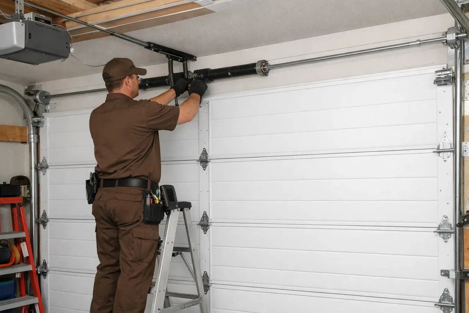 Technician repairing residential and commercial garage doors in Denver CO