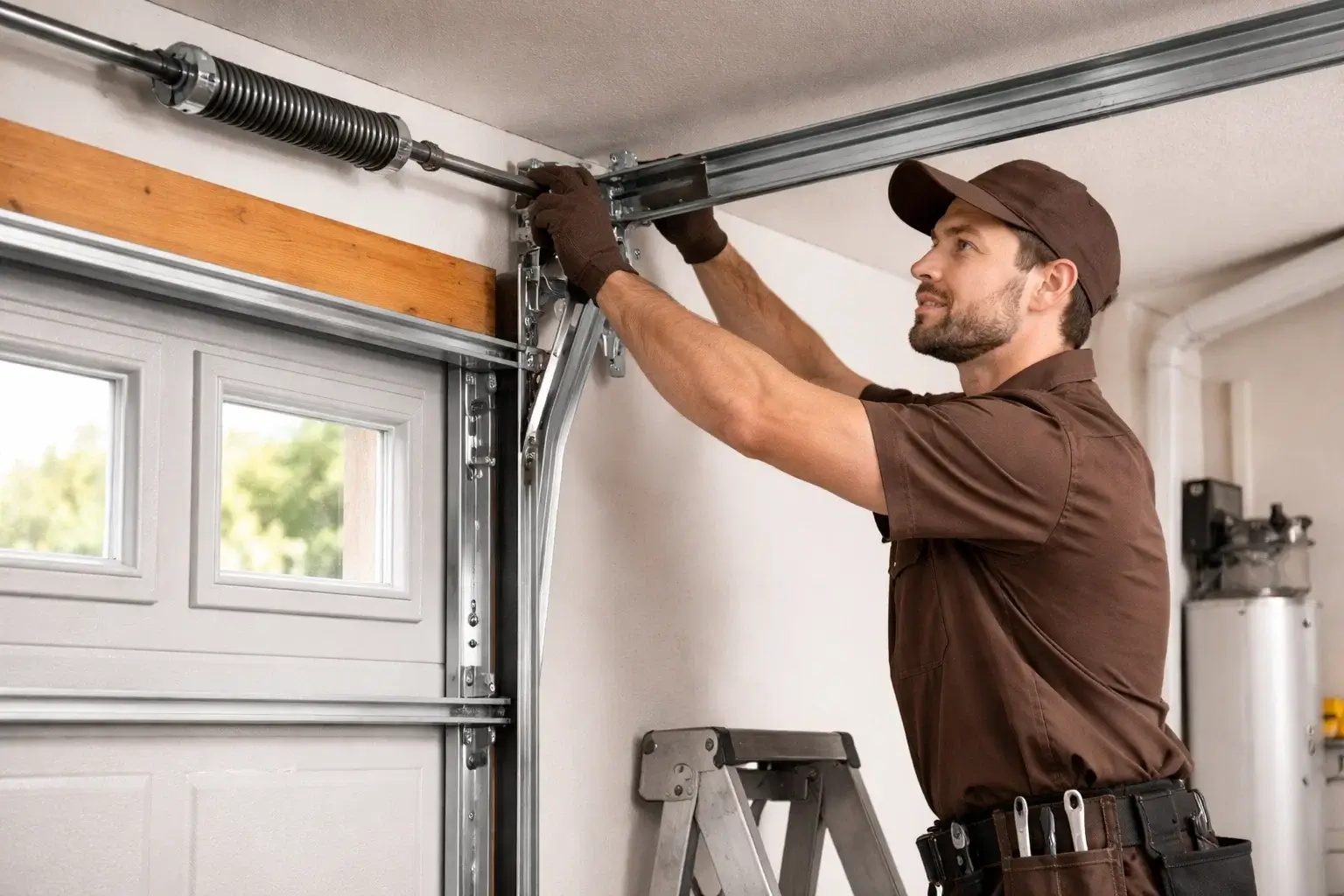 Professional technician repairing residential garage door in Denver fixing broken spring and track