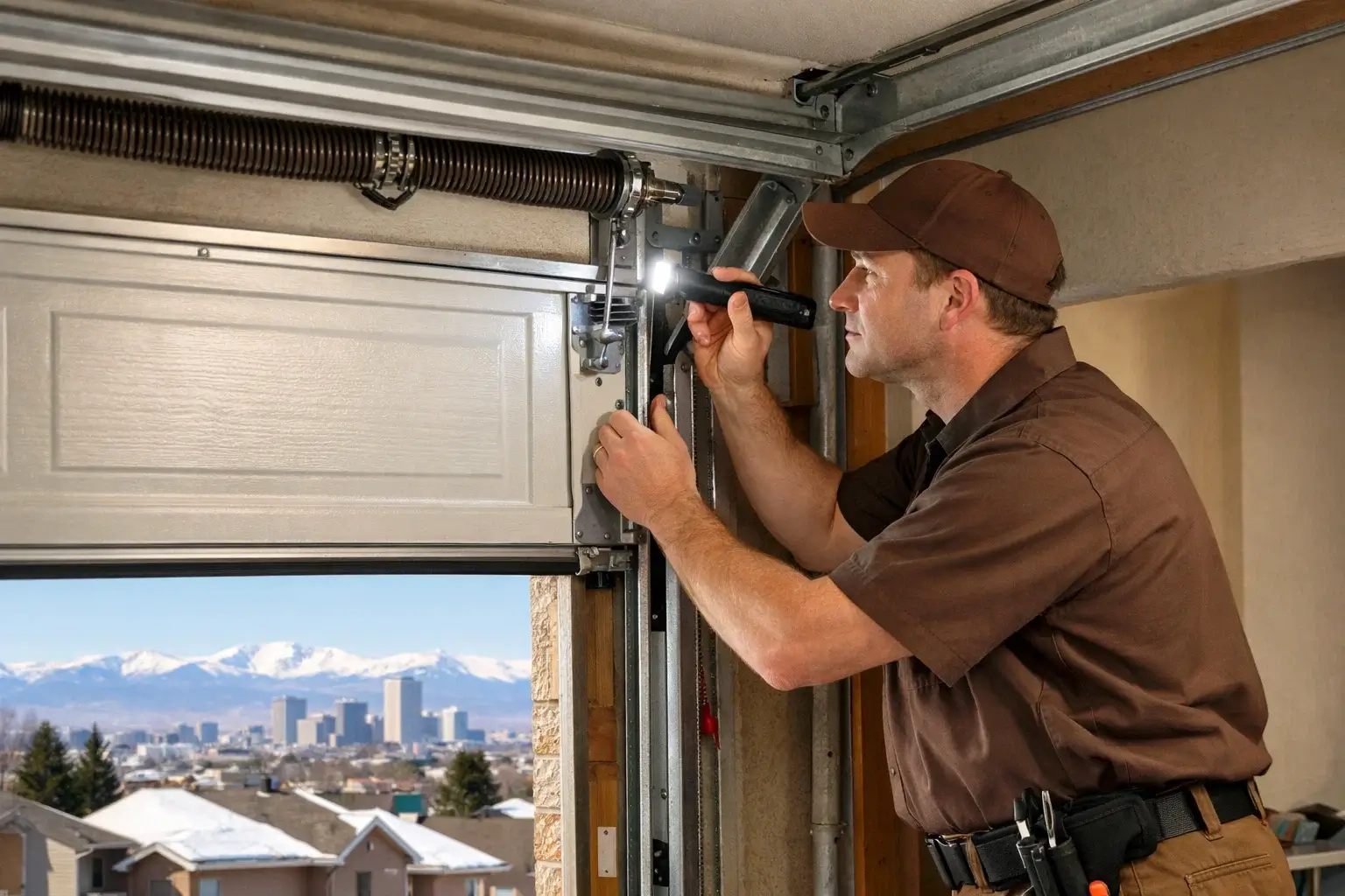Technician inspecting residential garage door to prevent damage in Denver CO