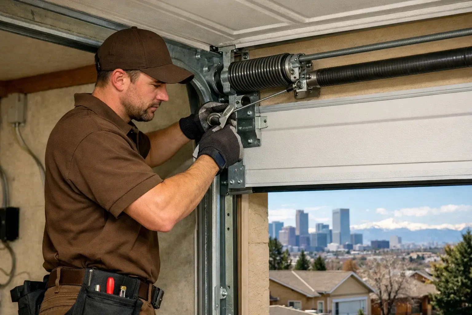 Technician performing quick garage door repair service in Denver CO