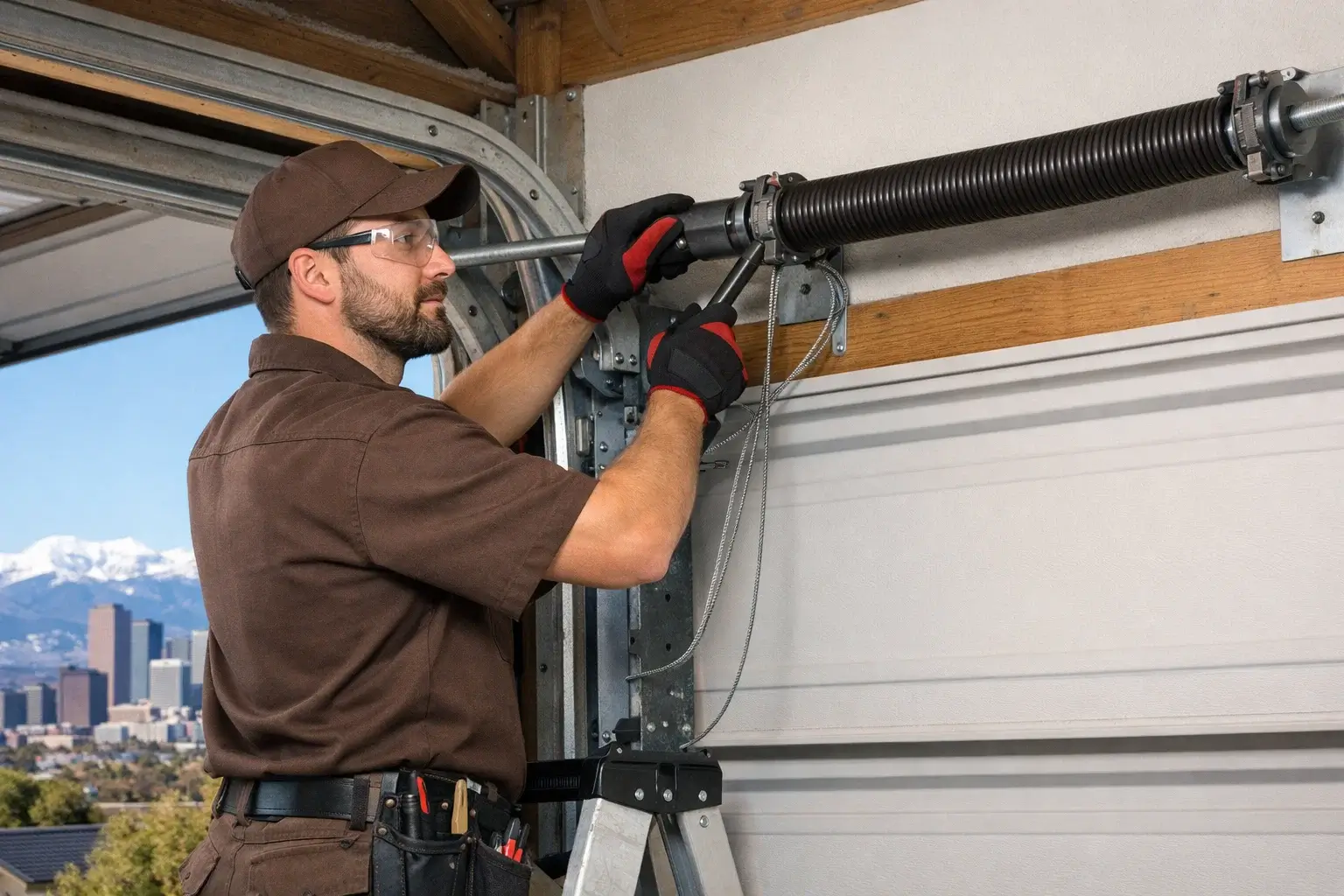 Technician safely repairing high tension garage door spring and cables in Denver CO