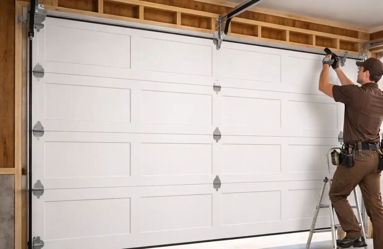 Technician customizing residential garage door to match home design in Denver CO