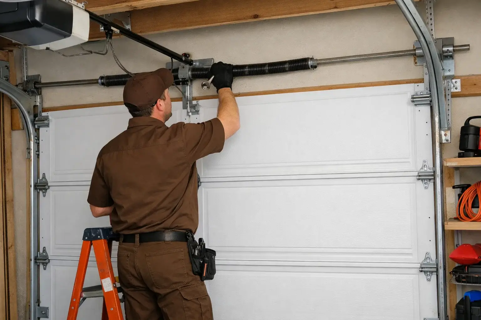 Technician performing routine residential garage door maintenance in Denver CO