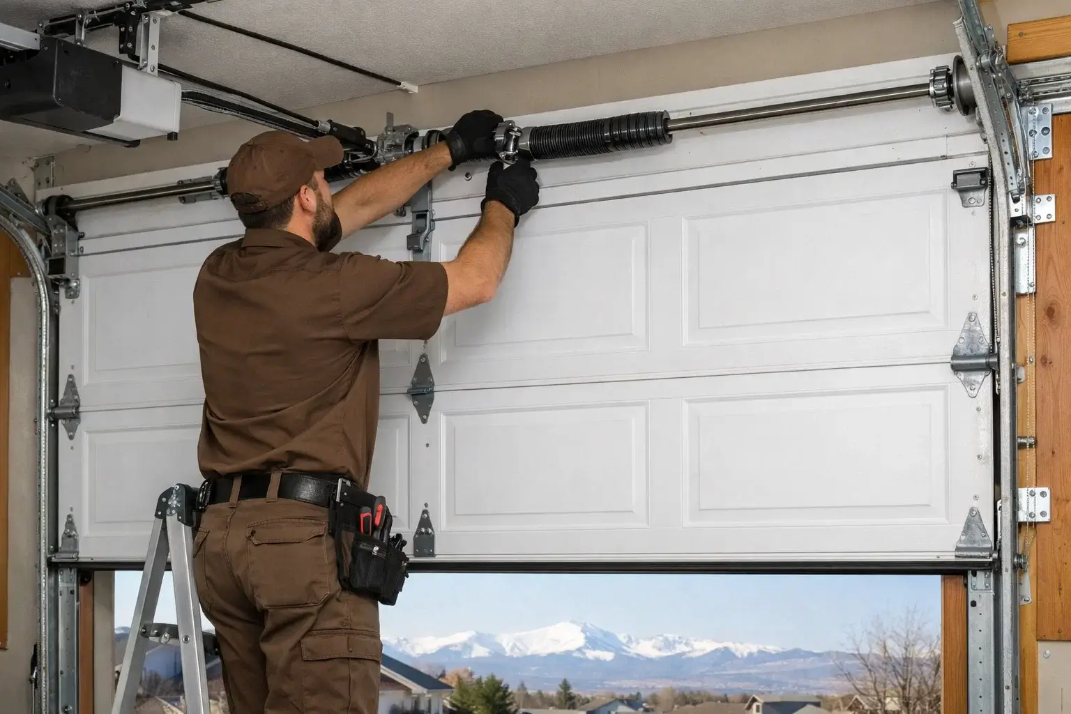 Technician servicing residential garage door for smooth and quiet operation in Denver CO