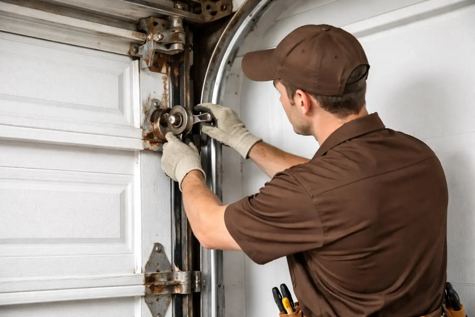 Worn and rusted garage door roller causing uneven movement and noise in Denver home 