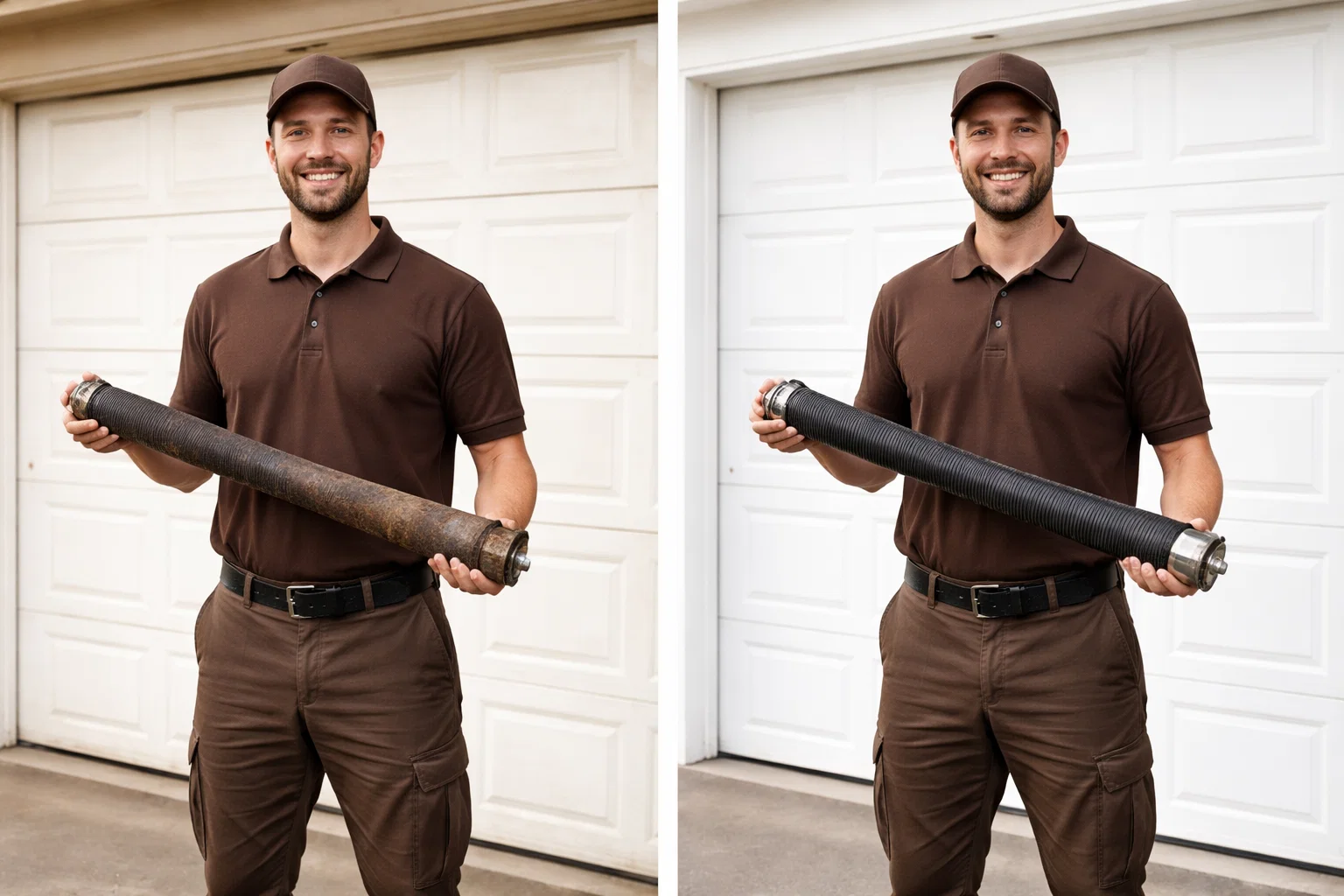 Before and after garage door roller repair showing broken door and fully fixed residential garage