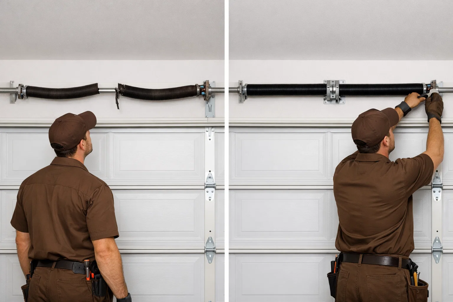 Before and after garage door spring repair showing broken door and fully fixed residential garage
