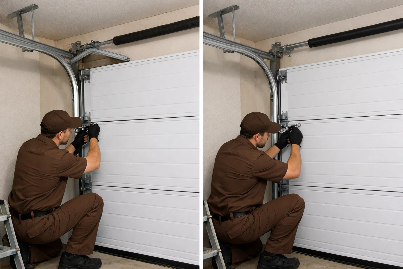 Garage door track repair before and after showing bent track and aligned track with technician fixing rollers and track system